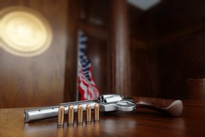 Фото Пистолет на фоне американского суда концепция ношения оружия преступление преступление и наказание тюрьма судебный закон 3d иллюстрация 3d рендеринг