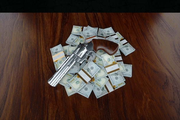 Pistol on a pile of money dollars the concept of the cost of weapons the business of selling weapons 3D illustration 3D renderer