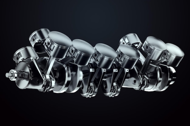 Pistons connecting rods and crankshaft of an internal combustion engine on a black background Concept art engine operation V12 repair engine car 3D rendering 3D illustration