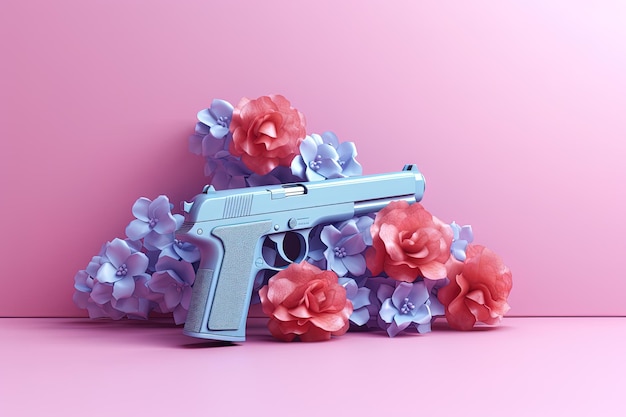 Pistool Gun Render Omgeven Door Bloemen