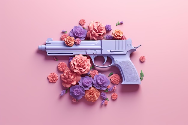 Pistool Gun Render Omgeven Door Bloemen