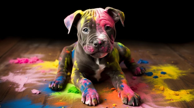 A pit bull dog is covered in holi colours.