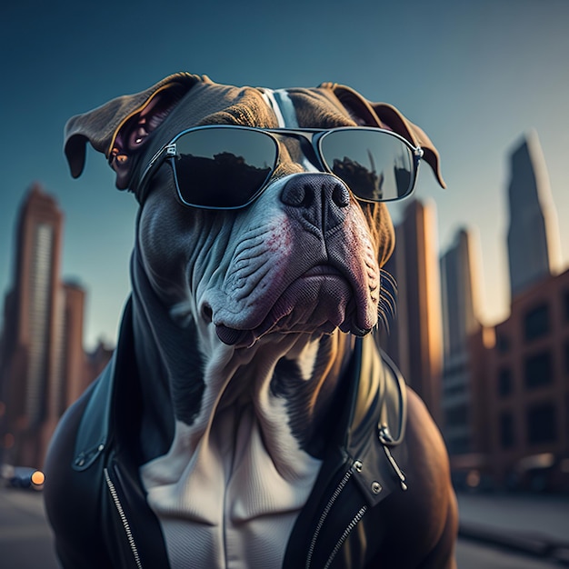 Pit bull posing for photo with sunglasses on a sunny day in the city