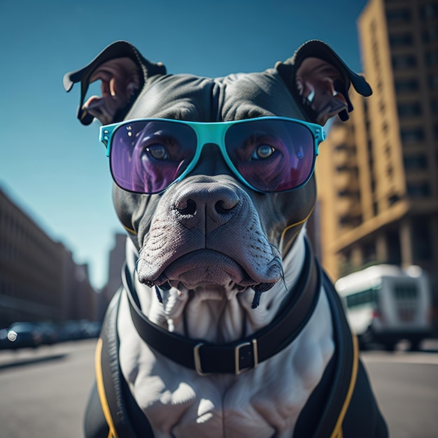 Pit bull posing for photo with sunglasses on a sunny day in the city