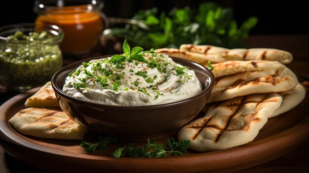 Photo pita bread and a bowl of dip on a plate