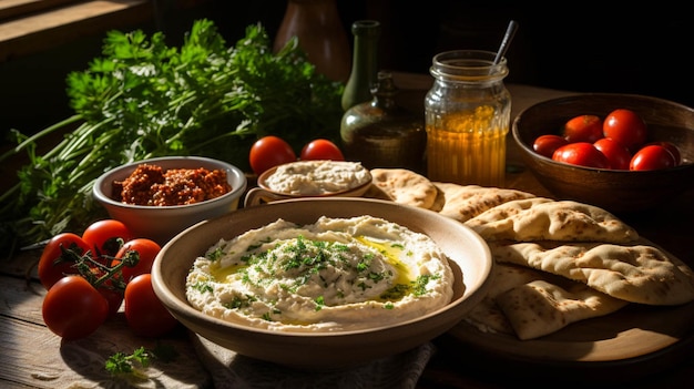 Photo pita bread and a bowl of dip on a plate