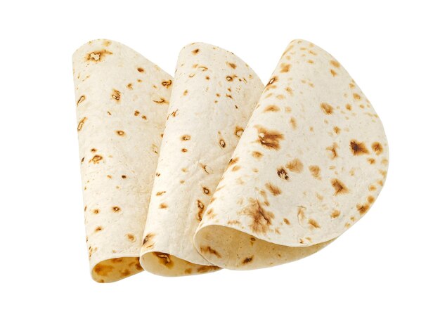 Pita bread cake three pieces rolled in half isolated on white background with clipping path