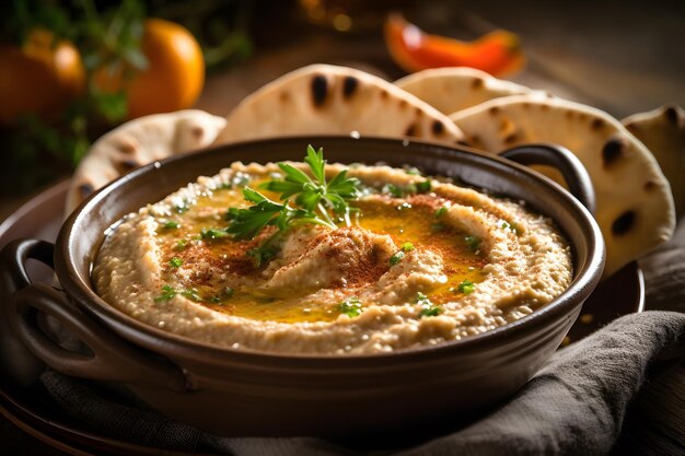 Pita bread and savory and fragrant baba ganoush Generative AI