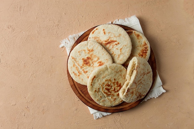 Pita bread stack on the table no people