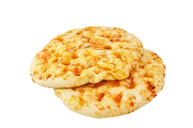 Pita bread with onions and tomatoes in pizza style isolated on white background.