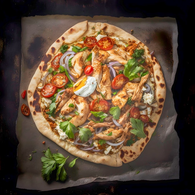Pita Pizza Met Gekruide Kip Shoarma En Toppings