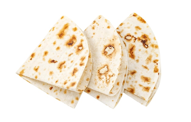 Pita tortilla lavash bread three pieces rolled into four isolated on white background with clipping path
