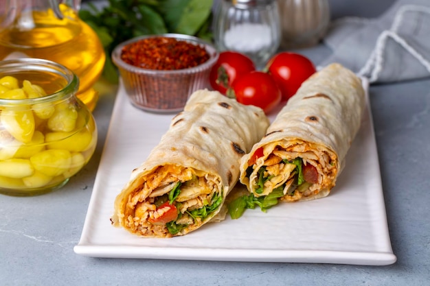 Pitabroodje lavash roll kipdöner kebab en verse groenten - Durum Chicken Doner Kebab