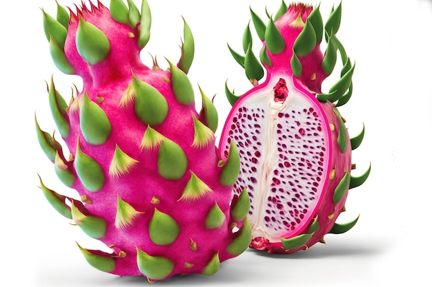Pitaya is a plant in the Cactaceae family or cactus with a background of stunning fresh sliced red and white dragon fruit