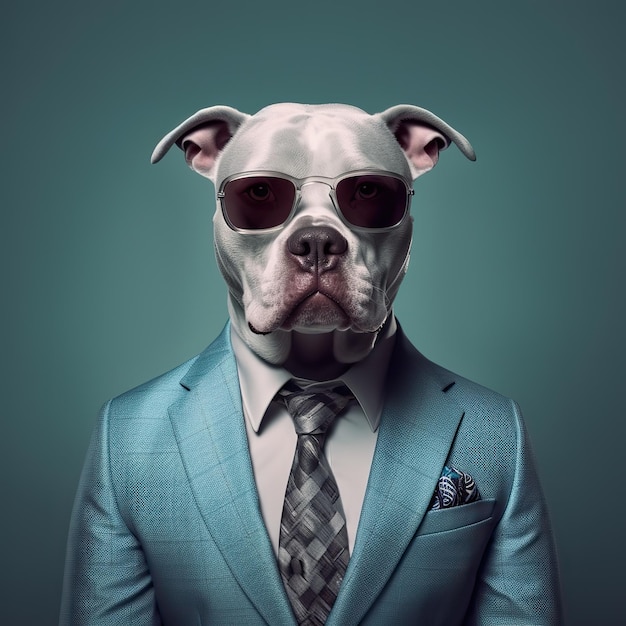 pitbull hond die een mensenpak draagt
