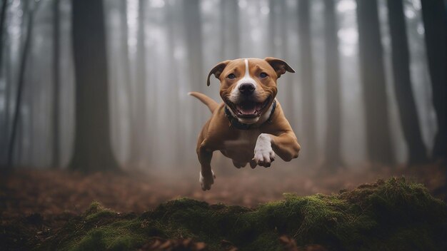 Pitbull hond is opgewonden springen over een heuvel in een mistig bos