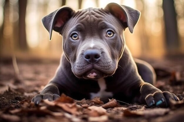 Pitbull puppy lying on the ground looking at the camera