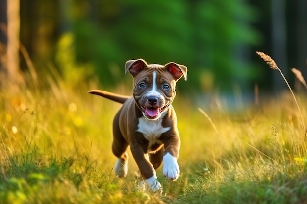 Pitbull puppy running through the grass in the forest