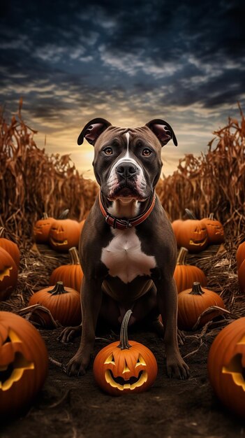 Pitbull standing on a pumpkin patch at sunset