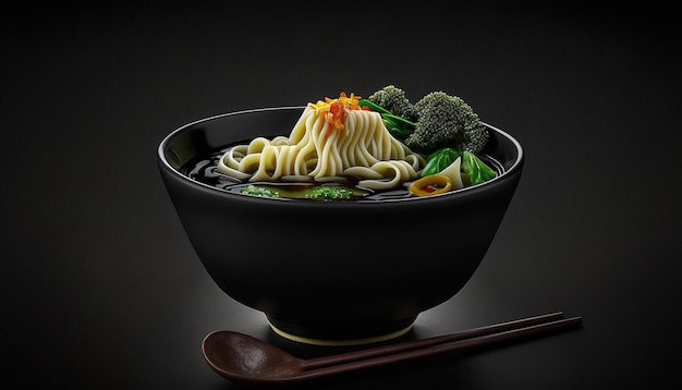 On a pitchblack table a black bowl of noodle soup sits