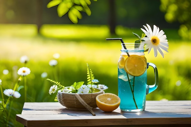 Foto una brocca di liquido blu con margherite sullo sfondo