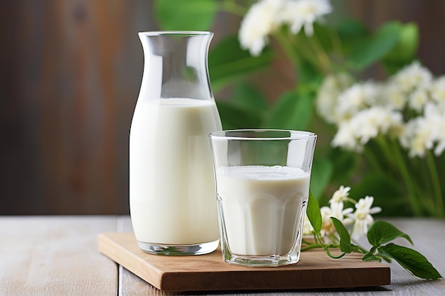 Pitcher and glass of fresh milk on table in front of window