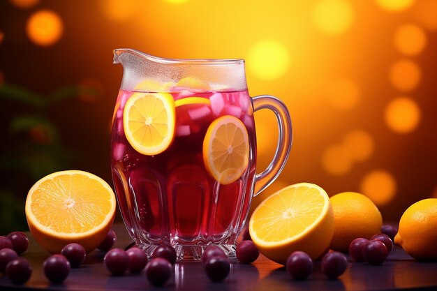 A pitcher of grape juice with slices of oranges and lemons floating in it