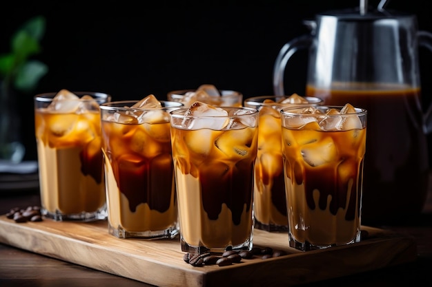 Pitcher of iced coffee lattes ready to be poured Generative Ai