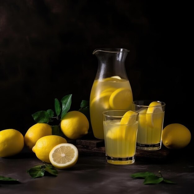 A pitcher of lemonade next to a pitcher and glasses of lemons.