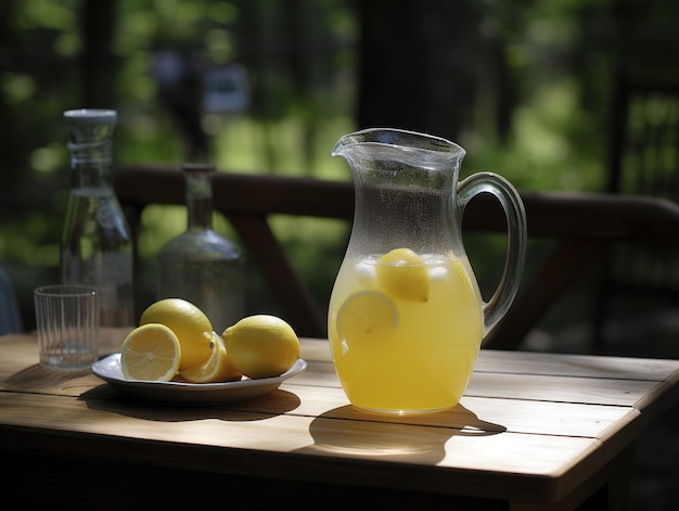 A pitcher of lemonade sits on a table next to a plate of lemons.