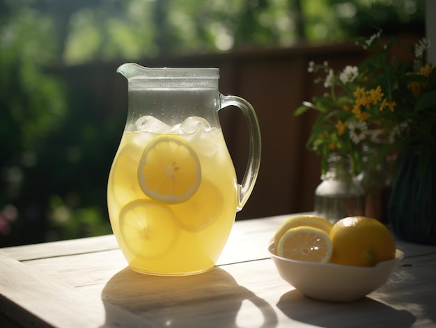 A pitcher of lemonade sits on a table with a bowl of lemons in the background.