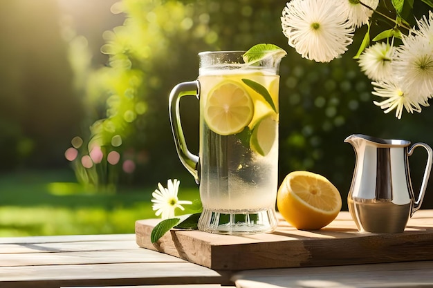 A pitcher of lemonade with a pitcher of lemonade on a wooden tray