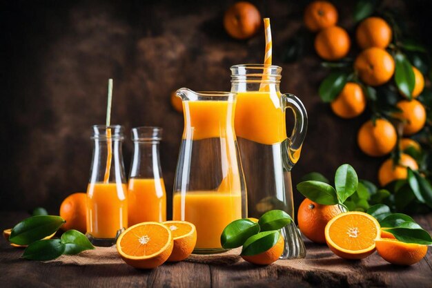 a pitcher of orange juice sits next to a pitcher of orange juice