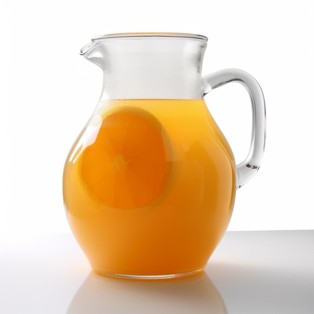 A pitcher of orange juice with a clear handle and a clear handle.