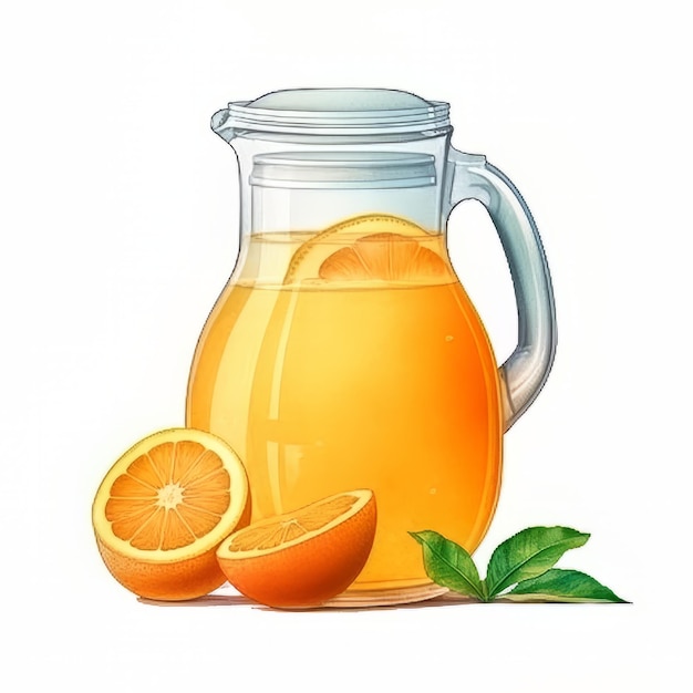 A pitcher of orange juice with leaves and an orange on it