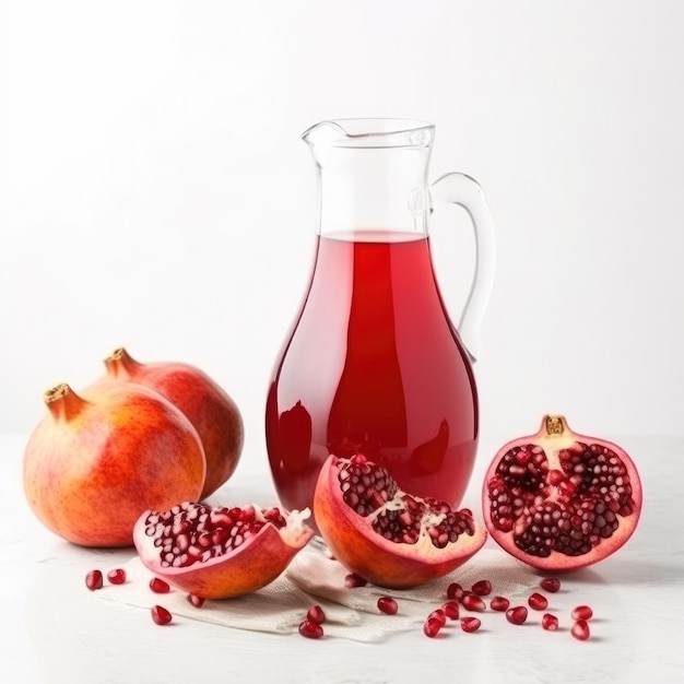 A pitcher of pomegranate juice with pomegranate seeds on the side.