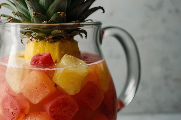 A pitcher of tropical fruit punch with pineapple chunk