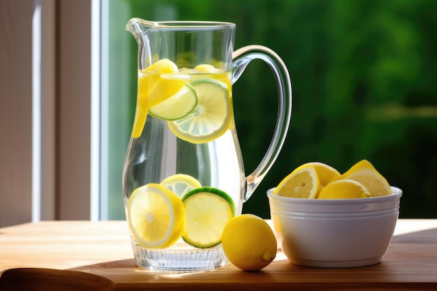A pitcher of water with lemon slices