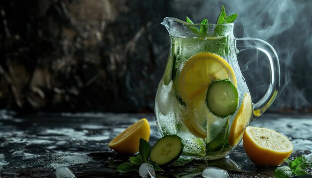 Photo a pitcher of water with lemons mint and cucumber