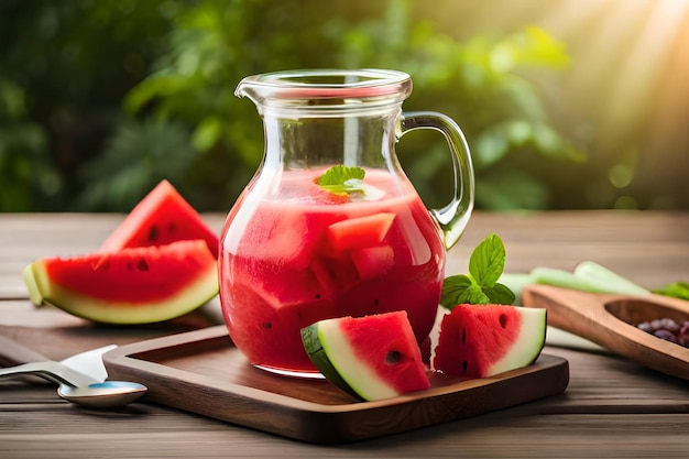 A pitcher of watermelon with a knife and a knife on a cutting board