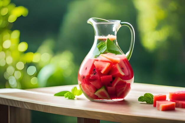 A pitcher of watermelon with leaves and strawberries