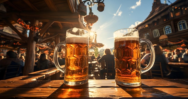 Pitchers of cold beer with foam on a wooden table in a German tavern at Oktoberfest In the background people celebrating in a traditional German atmosphere