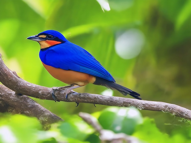 Pitta vogel die op een tak in een tropisch bos zit