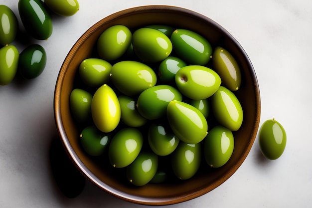 Pitted green olives in a bowl top view