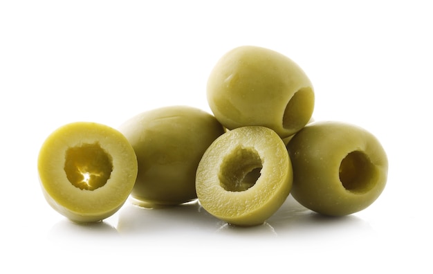 Pitted olives on white background