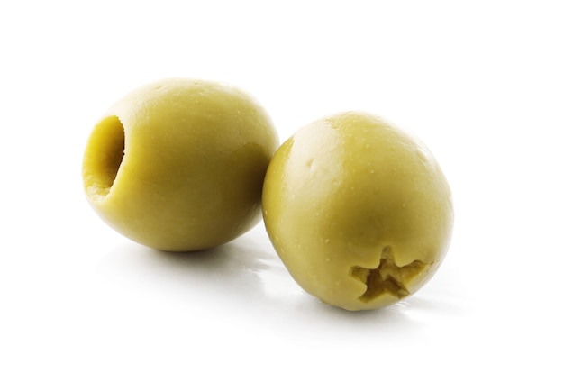 Pitted olives on white background