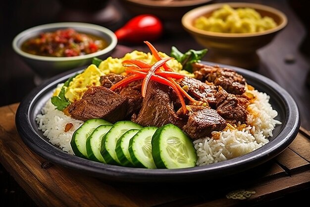 Pittige en smaakvolle nasi padang met rundvlees achtergrond