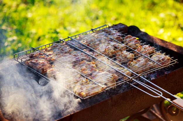 Pittige gemarineerde kippenboutjes koken boven het vuur