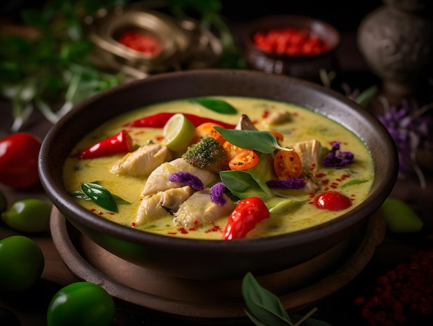 Pittige groene curry met kip en aubergine Generatieve AI