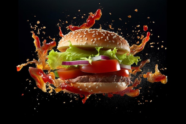 Pittige hamburger met rondvliegende ingrediënten op donkere achtergrond Voedselfotografie concept
